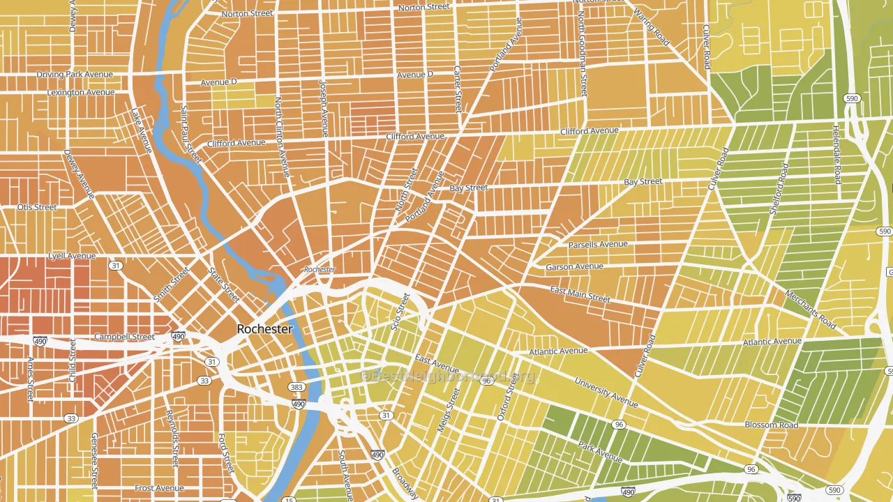 Map of the best neighborhoods in the South Marketview Heights, Rochester area, with better matches in green and worse matches in red