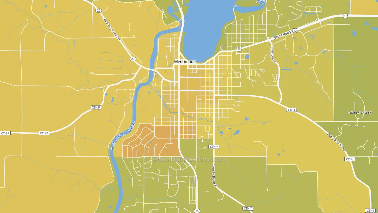 Map of the best neighborhoods in the South Menomonie, Menomonie area, with better matches in green and worse matches in red