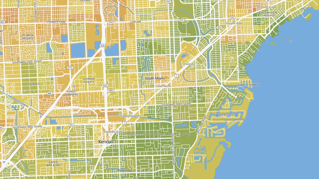 Map of the best neighborhoods in the South Miami area, with better matches in green and worse matches in red