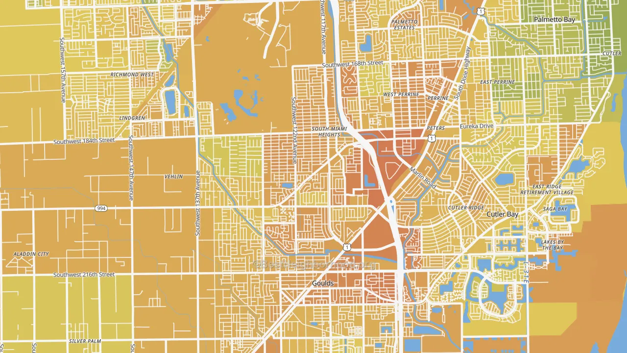 Map of the best neighborhoods in the South Miami Heights area, with better matches in green and worse matches in red