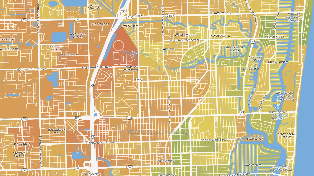 Map of the best neighborhoods in the South Middle River, Fort Lauderdale area, with better matches in green and worse matches in red