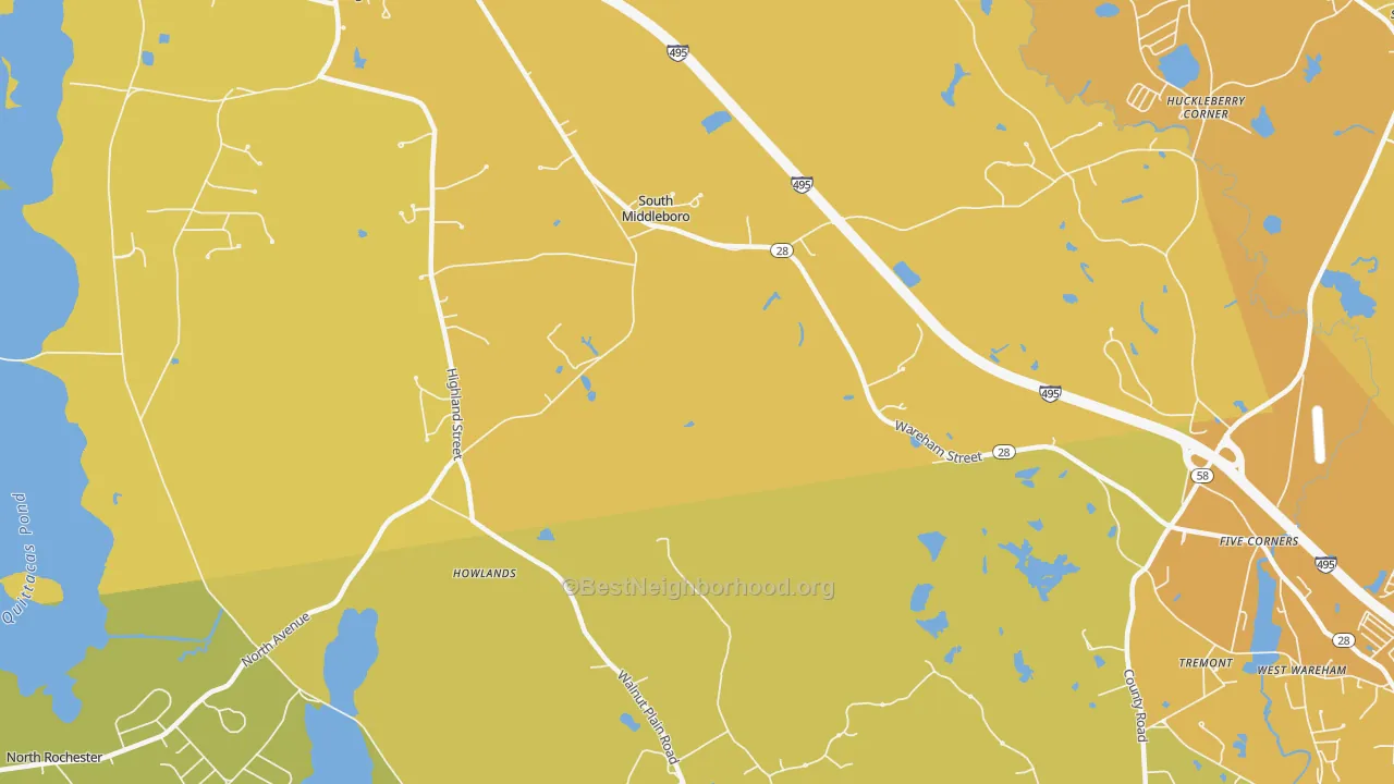 Map of the best neighborhoods in the South Middleboro area, with better matches in green and worse matches in red