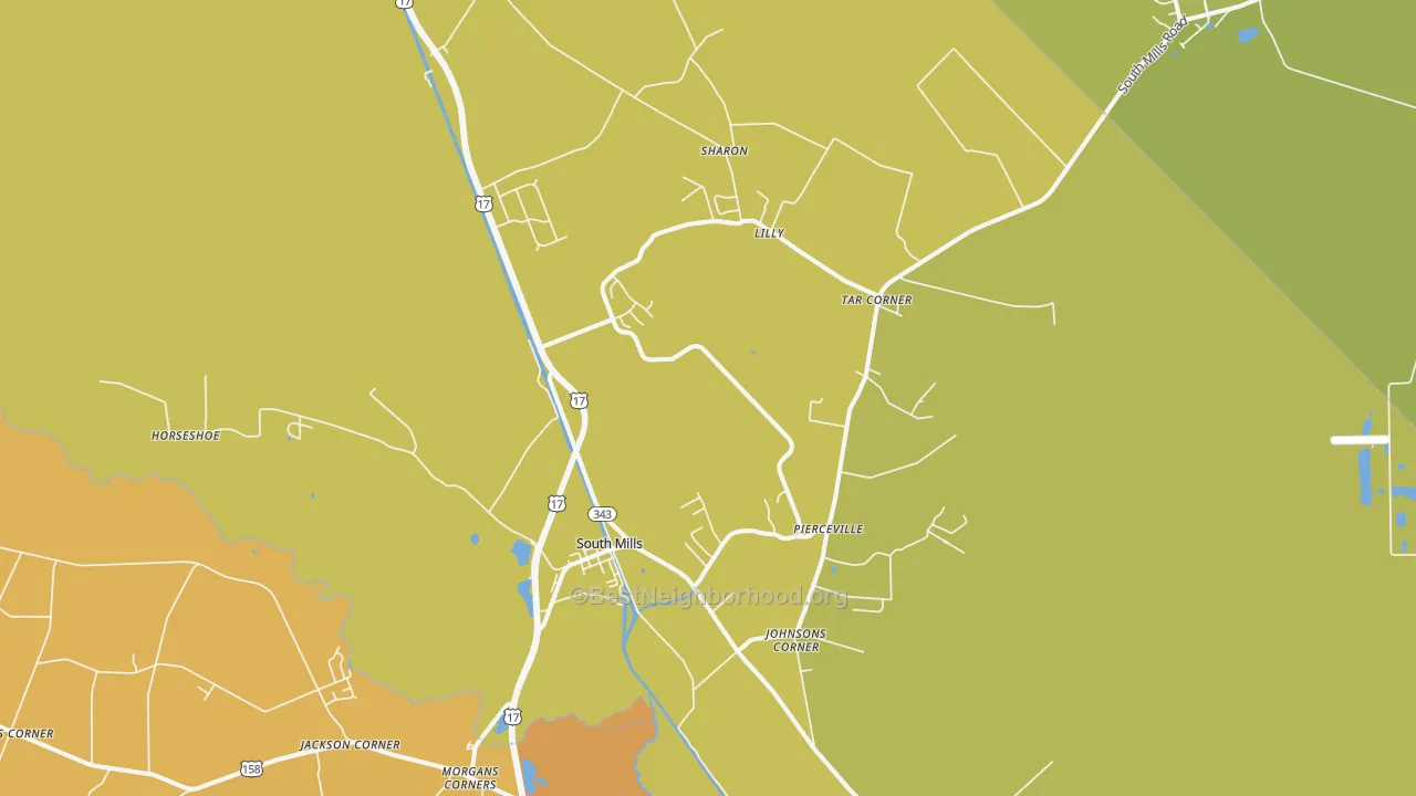 Map of the best neighborhoods in the South Mills area, with better matches in green and worse matches in red