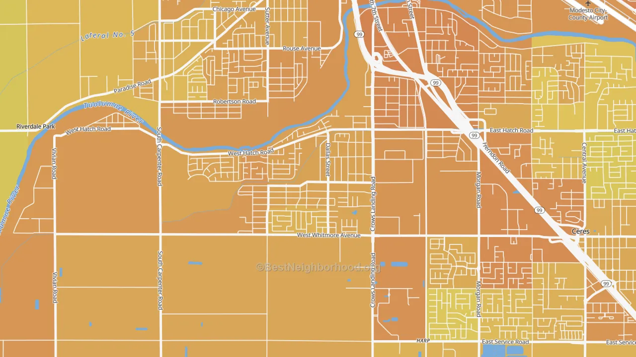 Map of the best neighborhoods in the South Modesto Acres, Modesto area, with better matches in green and worse matches in red