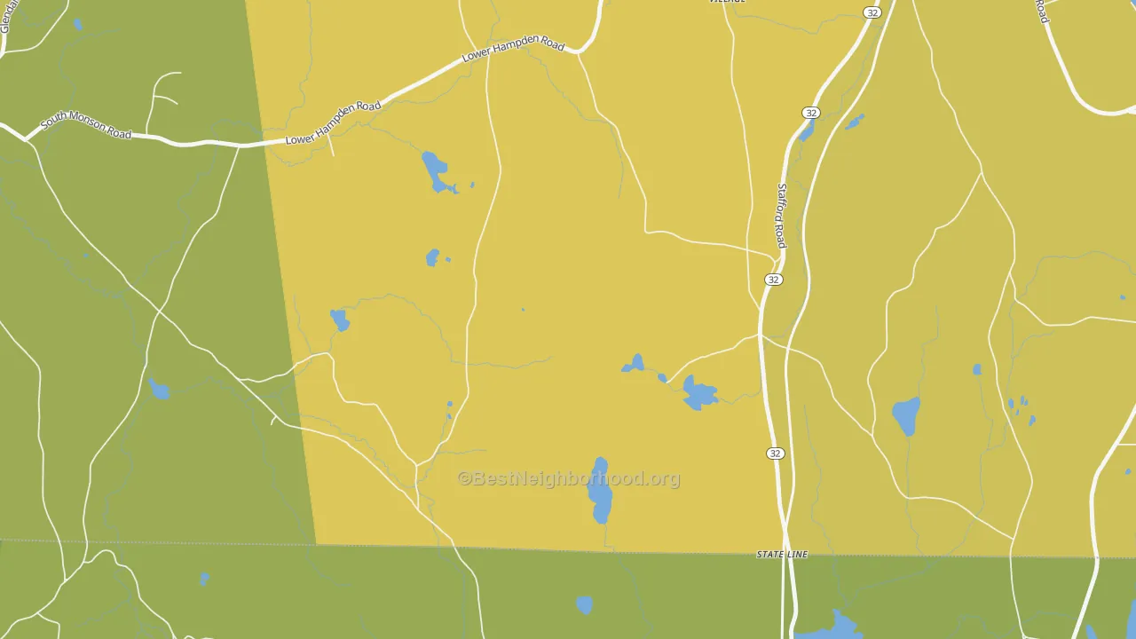 Map of the best neighborhoods in the South Monson area, with better matches in green and worse matches in red