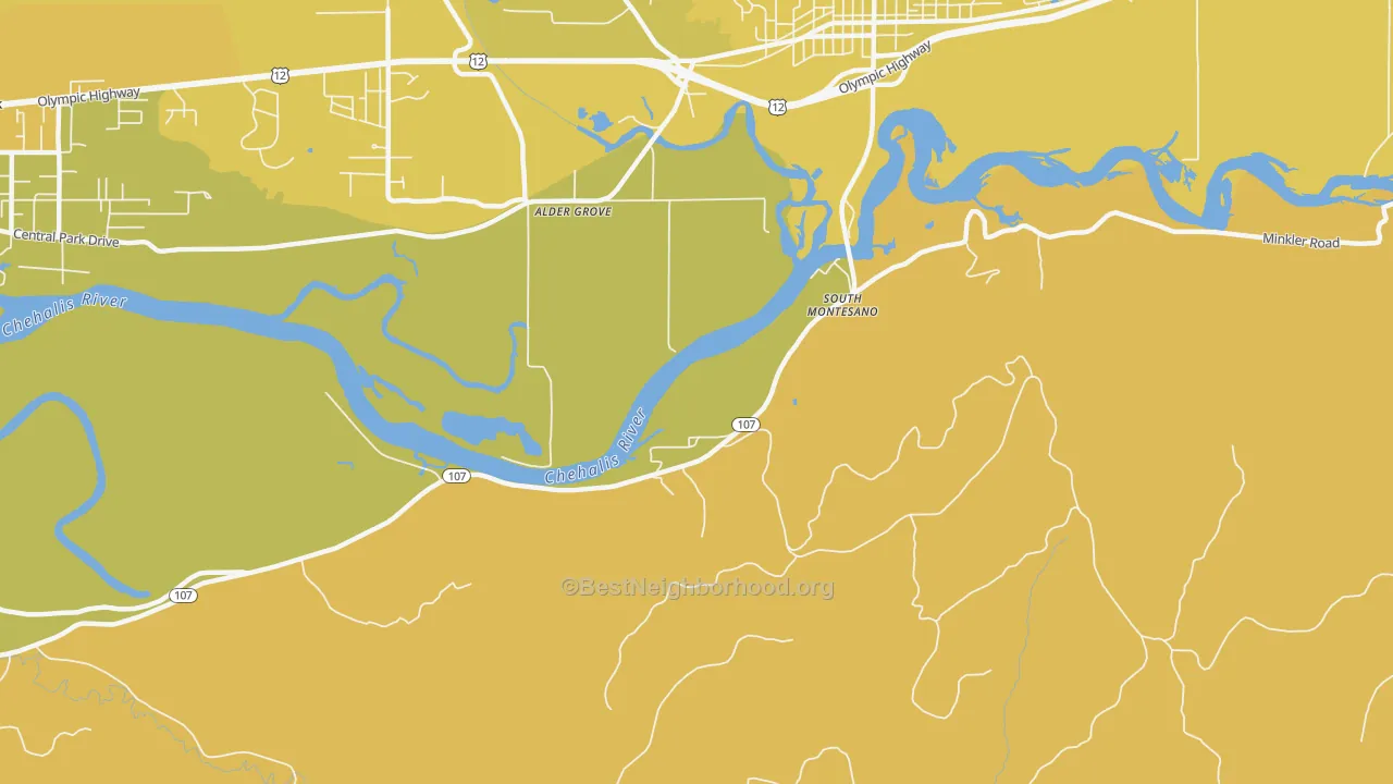 Map of the best neighborhoods in the South Montesano area, with better matches in green and worse matches in red