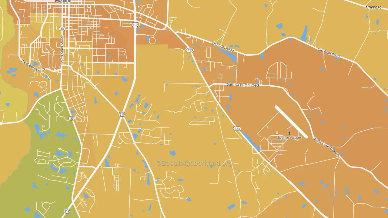 Map of the best neighborhoods in the South Moultrie area, with better matches in green and worse matches in red