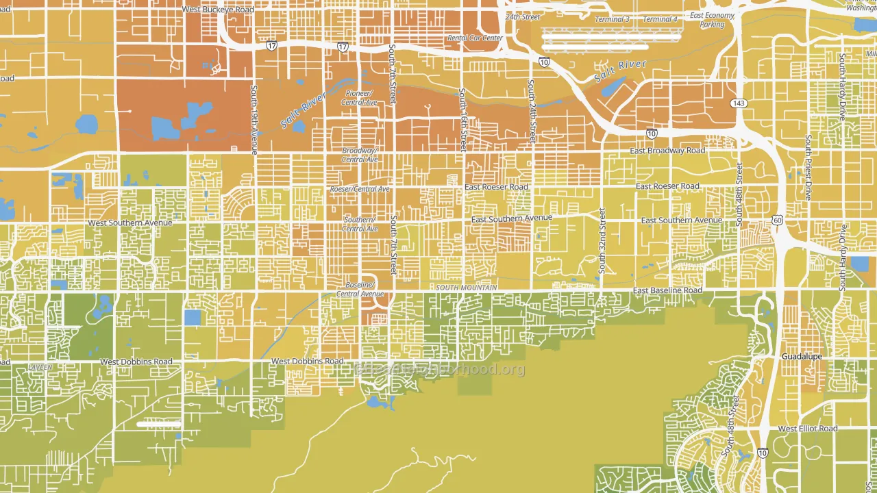 Map of the best neighborhoods in the South Mountain, Phoenix area, with better matches in green and worse matches in red