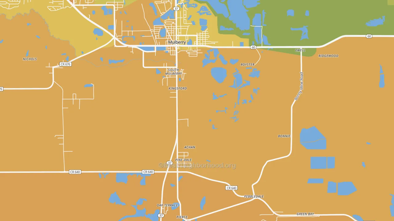 Map of the best neighborhoods in the South Mulberry area, with better matches in green and worse matches in red