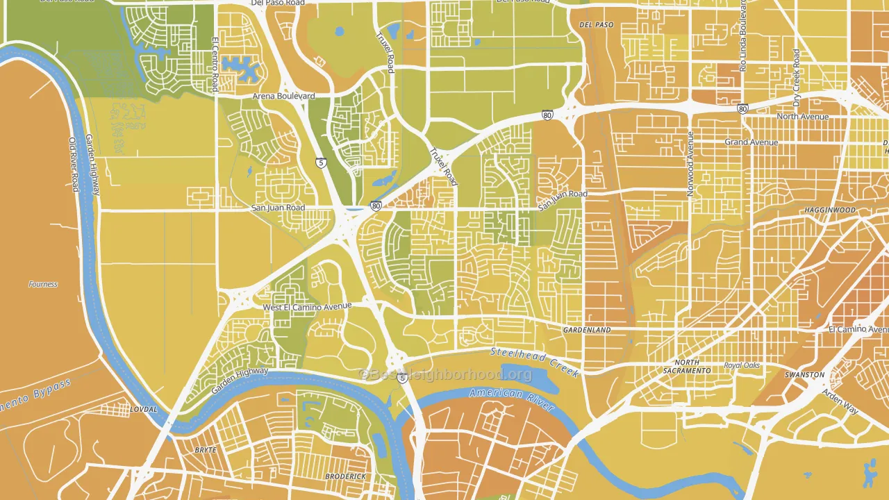 Map of the best neighborhoods in the South Natomas, Sacramento area, with better matches in green and worse matches in red