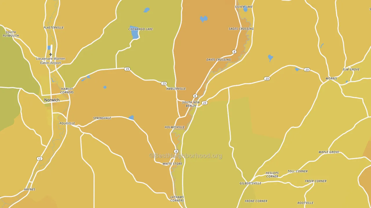 Map of the best neighborhoods in the South New Berlin area, with better matches in green and worse matches in red