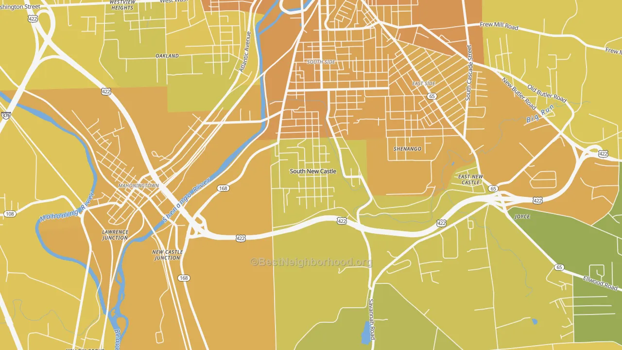 Map of the best neighborhoods in the South New Castle area, with better matches in green and worse matches in red