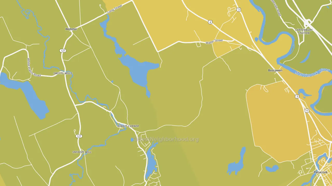 Map of the best neighborhoods in the South Newbury area, with better matches in green and worse matches in red