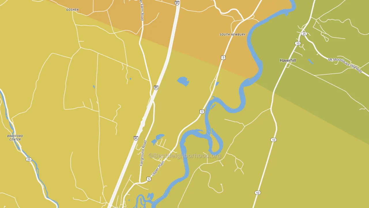 Map of the best neighborhoods in the South Newbury area, with better matches in green and worse matches in red
