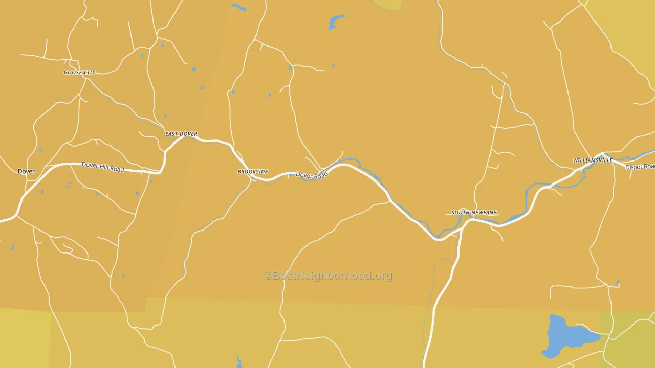 Map of the best neighborhoods in the South Newfane area, with better matches in green and worse matches in red