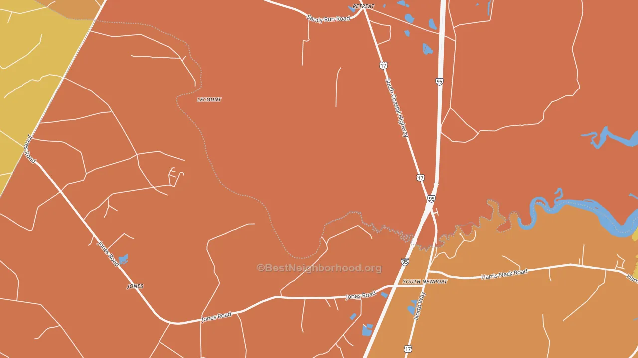 Map of the best neighborhoods in the South Newport area, with better matches in green and worse matches in red