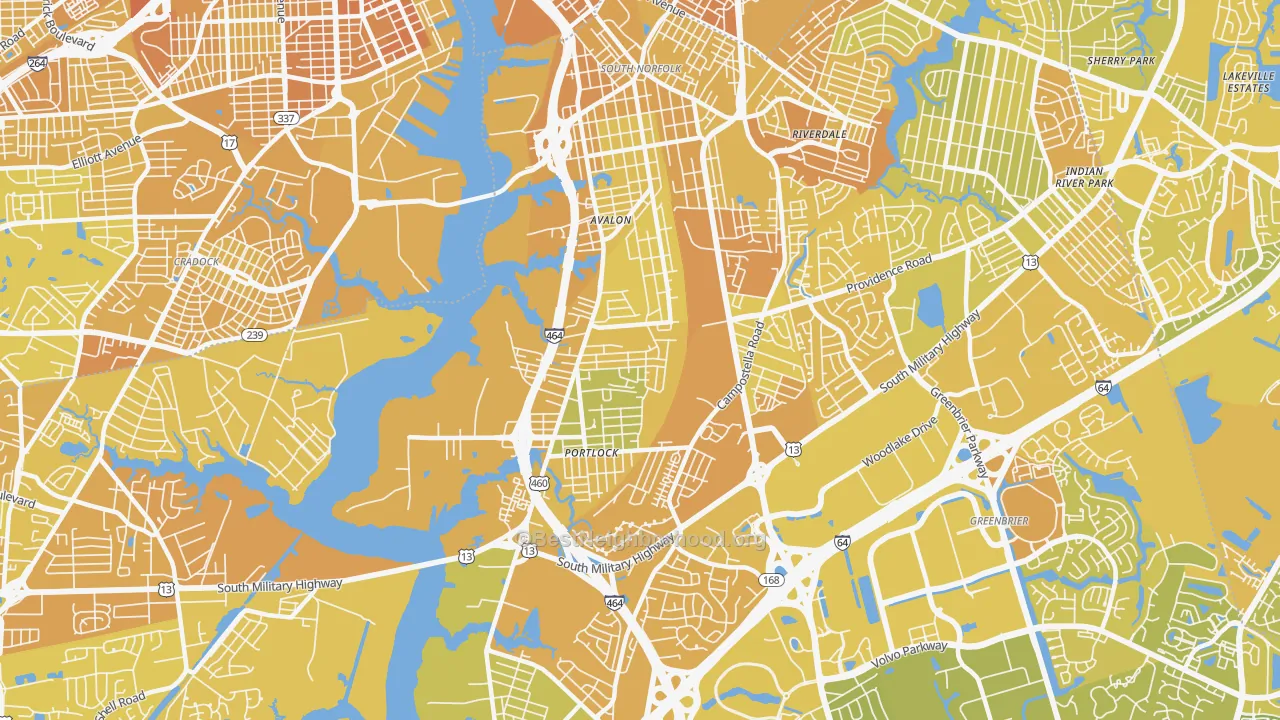 Map of the best neighborhoods in the South Norfolk, Chesapeake area, with better matches in green and worse matches in red
