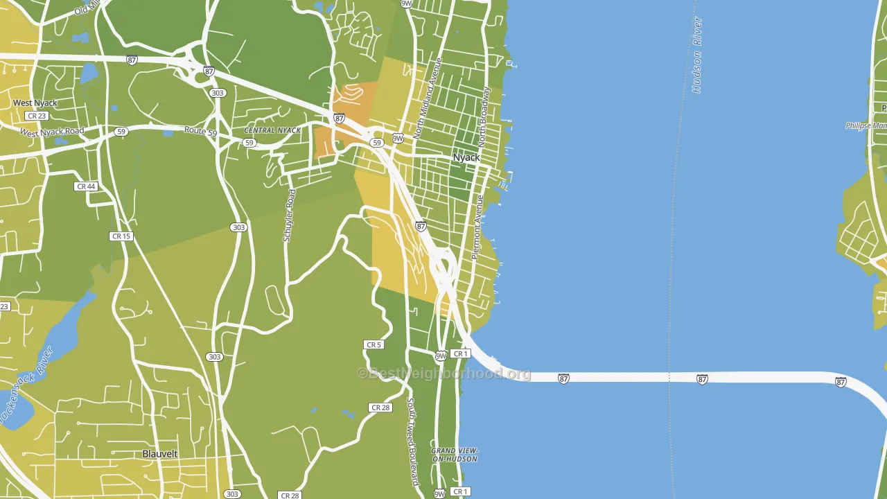 Map of the best neighborhoods in the South Nyack area, with better matches in green and worse matches in red