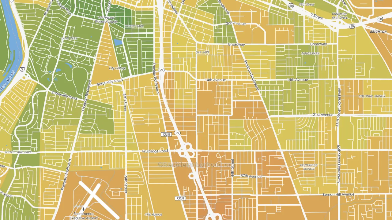 Map of the best neighborhoods in the South Oak Park, Sacramento area, with better matches in green and worse matches in red