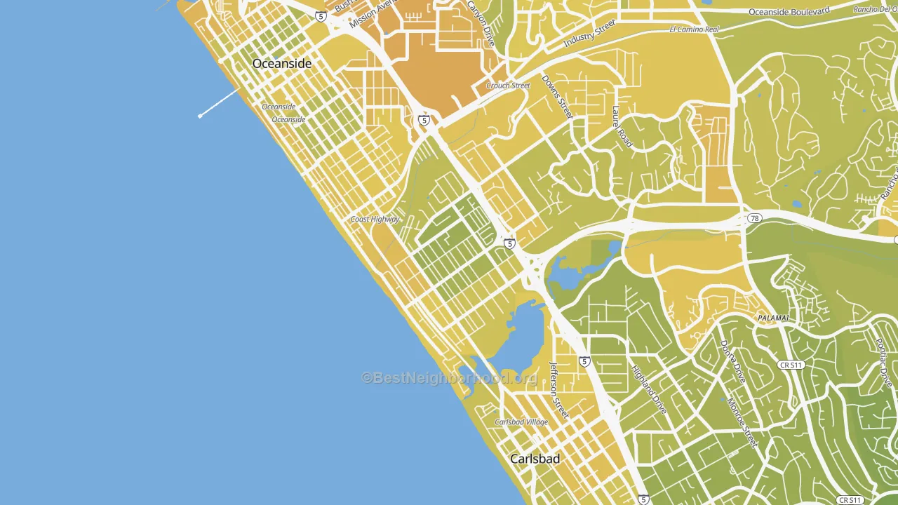 Map of the best neighborhoods in the South Oceanside, Oceanside area, with better matches in green and worse matches in red