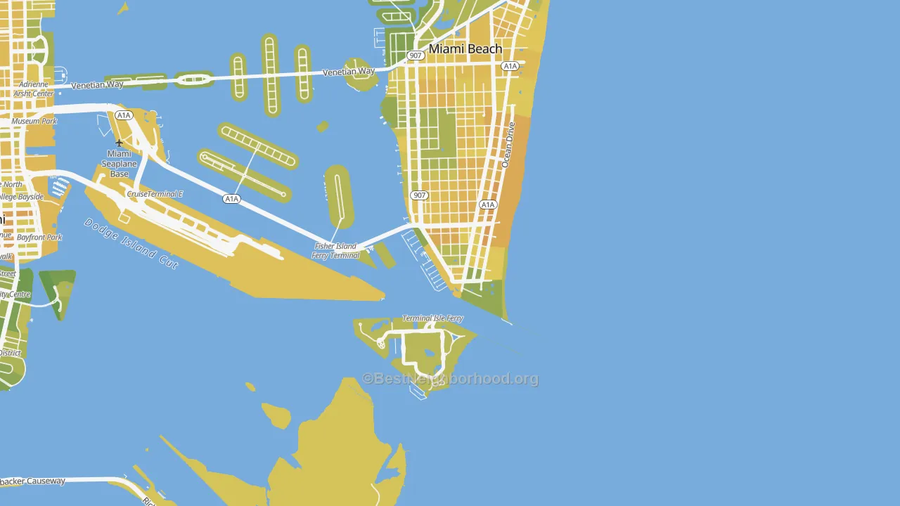 Map of the best neighborhoods in the South of Fifth, Miami Beach area, with better matches in green and worse matches in red