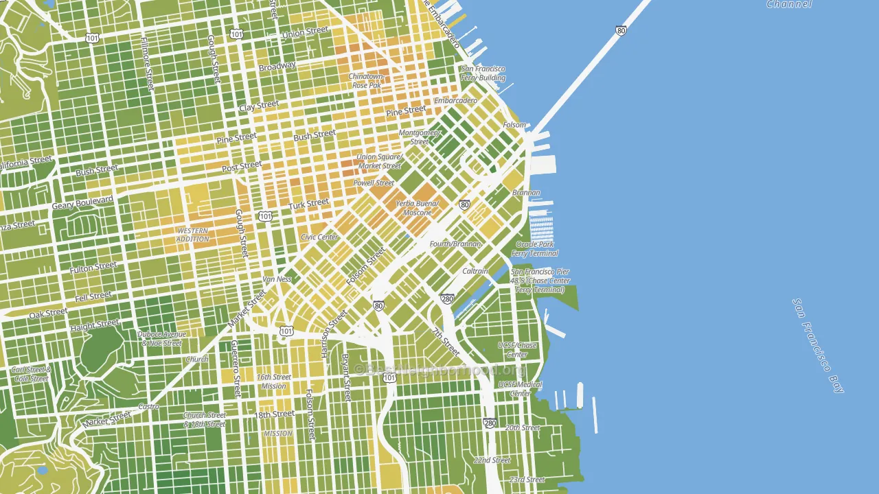 Map of the best neighborhoods in the South of Market, San Francisco area, with better matches in green and worse matches in red
