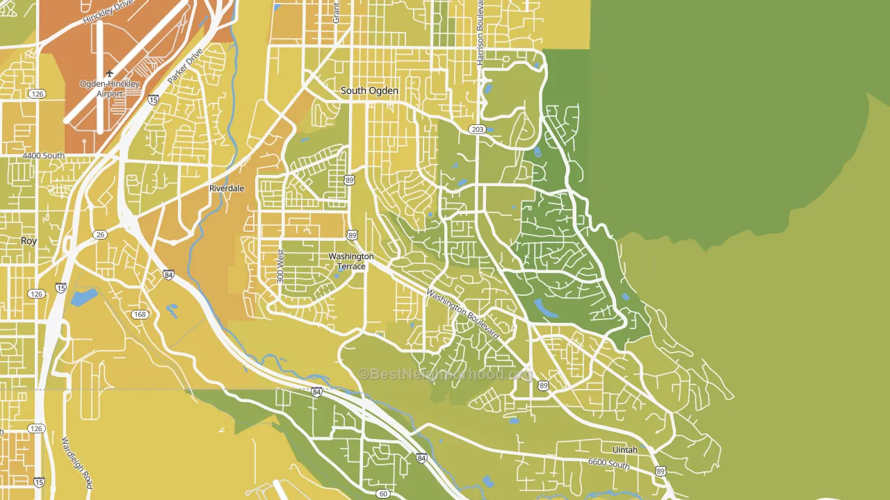 Map of the best neighborhoods in the South Ogden area, with better matches in green and worse matches in red