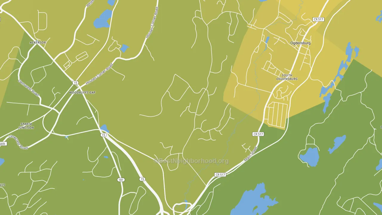 Map of the best neighborhoods in the South Ogdensburg area, with better matches in green and worse matches in red
