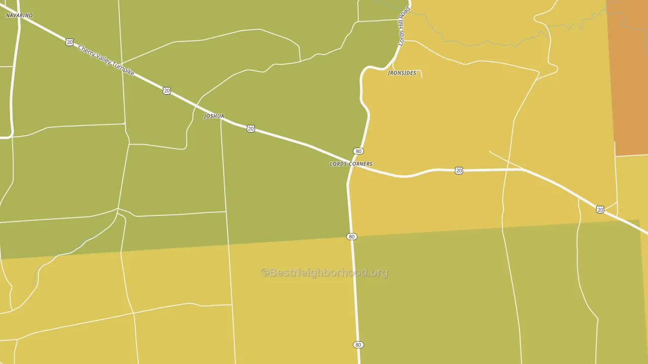 Map of the best neighborhoods in the South Onondaga area, with better matches in green and worse matches in red