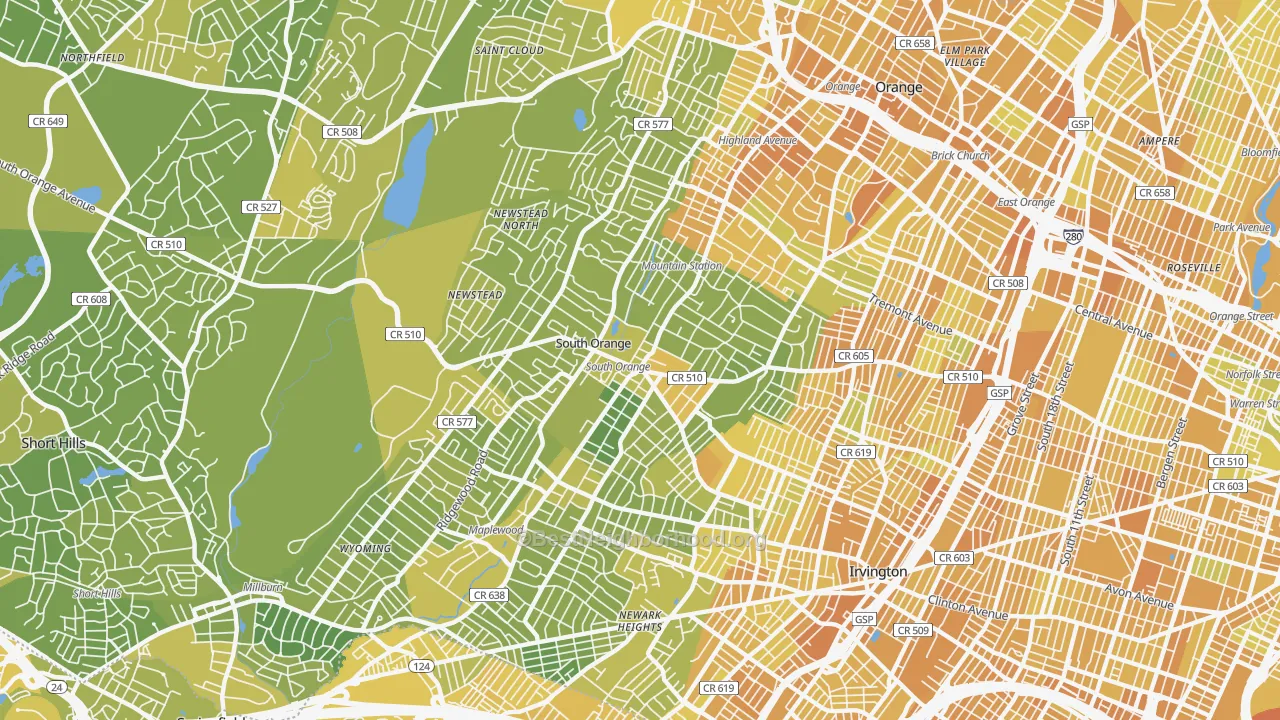Map of the best neighborhoods in the South Orange area, with better matches in green and worse matches in red