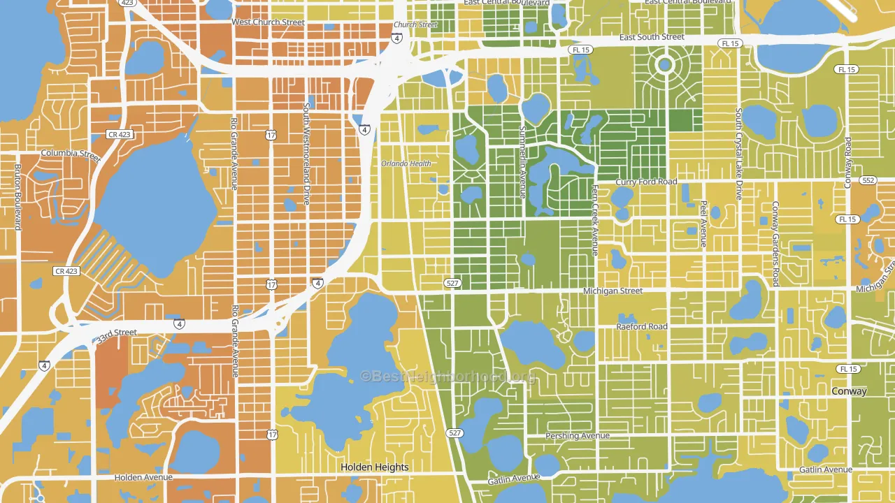 Map of the best neighborhoods in the South Orange, Orlando area, with better matches in green and worse matches in red