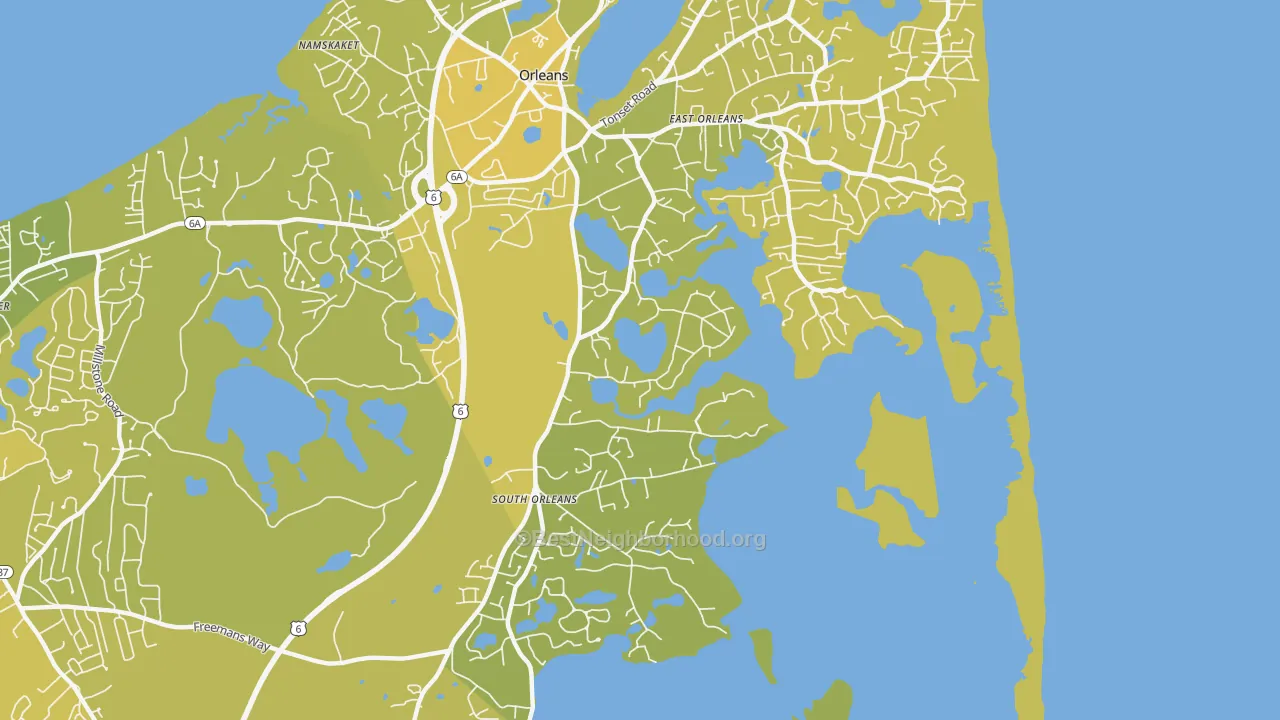 Map of the best neighborhoods in the South Orleans area, with better matches in green and worse matches in red