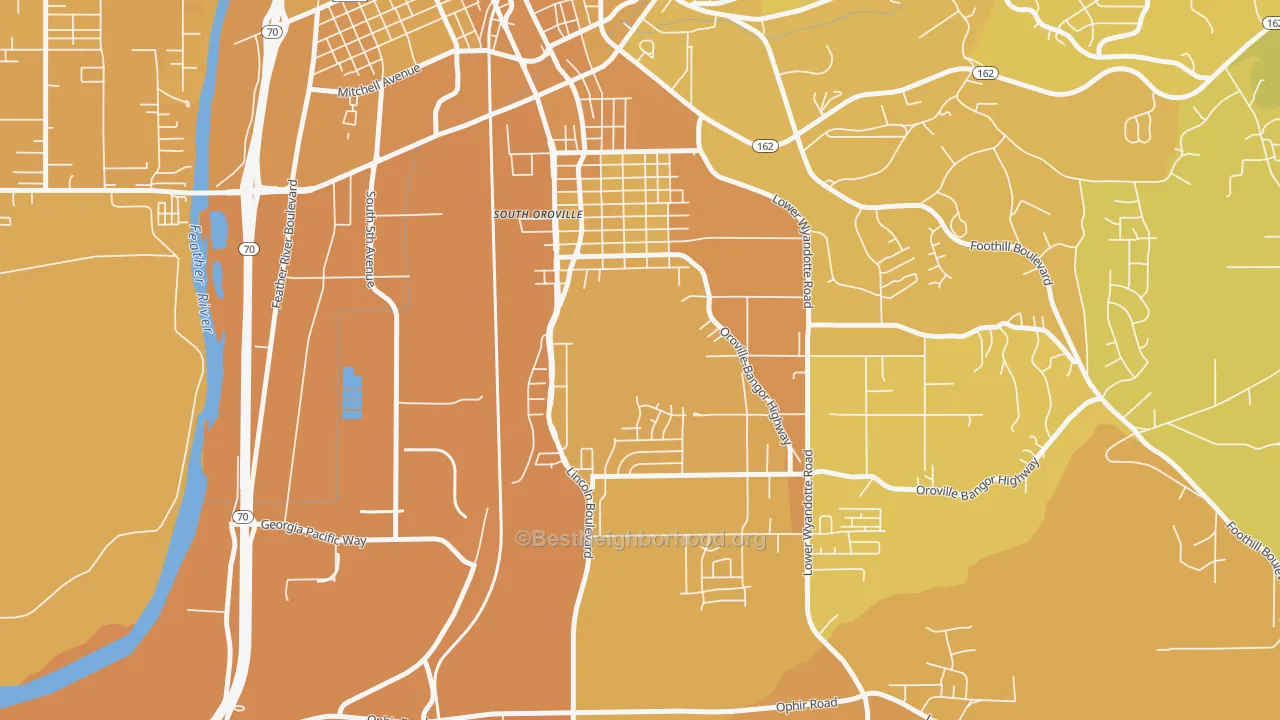 Map of the best neighborhoods in the South Oroville area, with better matches in green and worse matches in red