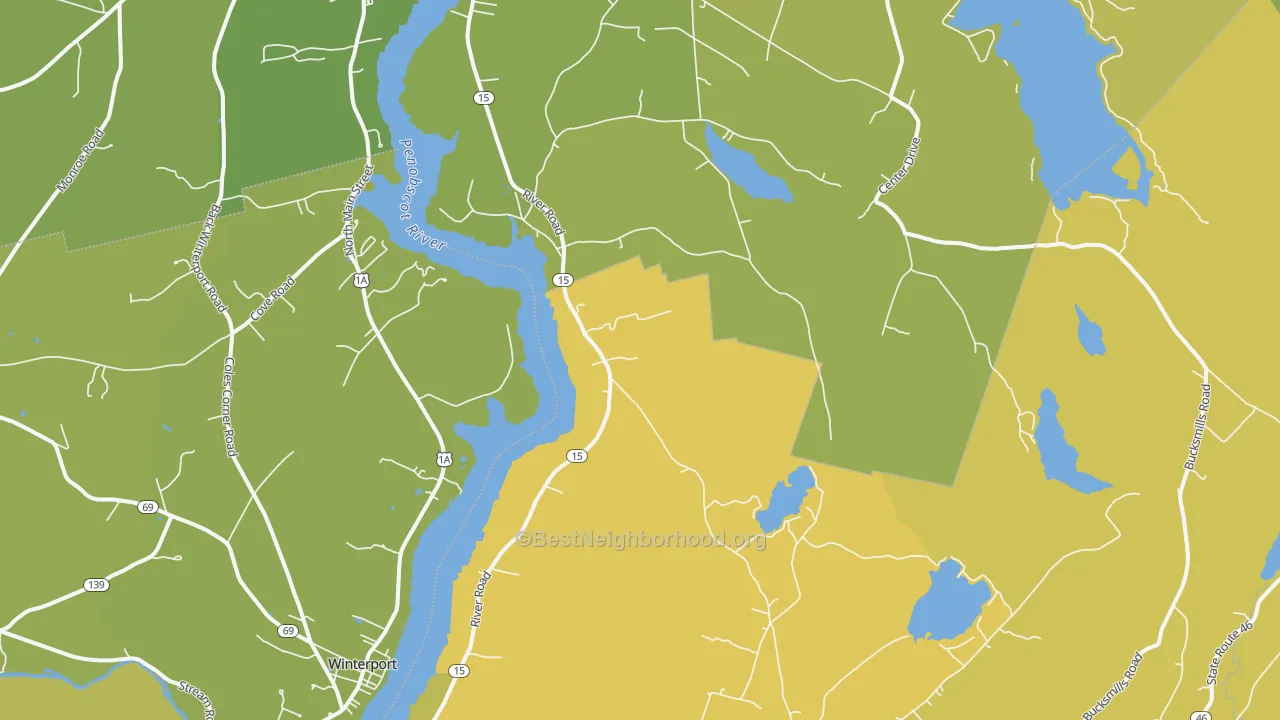 Map of the best neighborhoods in the South Orrington area, with better matches in green and worse matches in red
