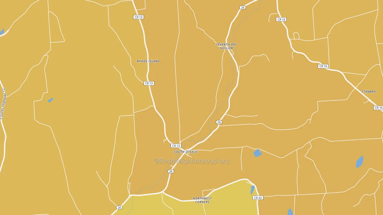Map of the best neighborhoods in the South Otselic area, with better matches in green and worse matches in red