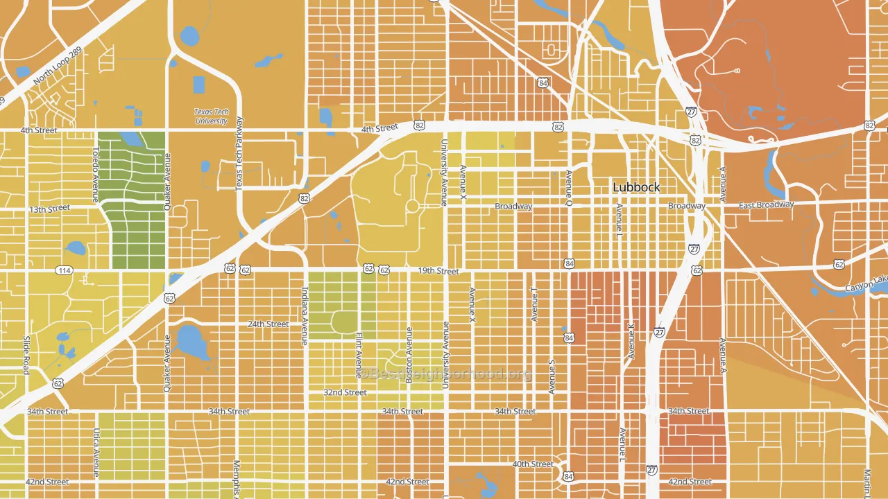 Map of the best neighborhoods in the South Overton, Lubbock area, with better matches in green and worse matches in red
