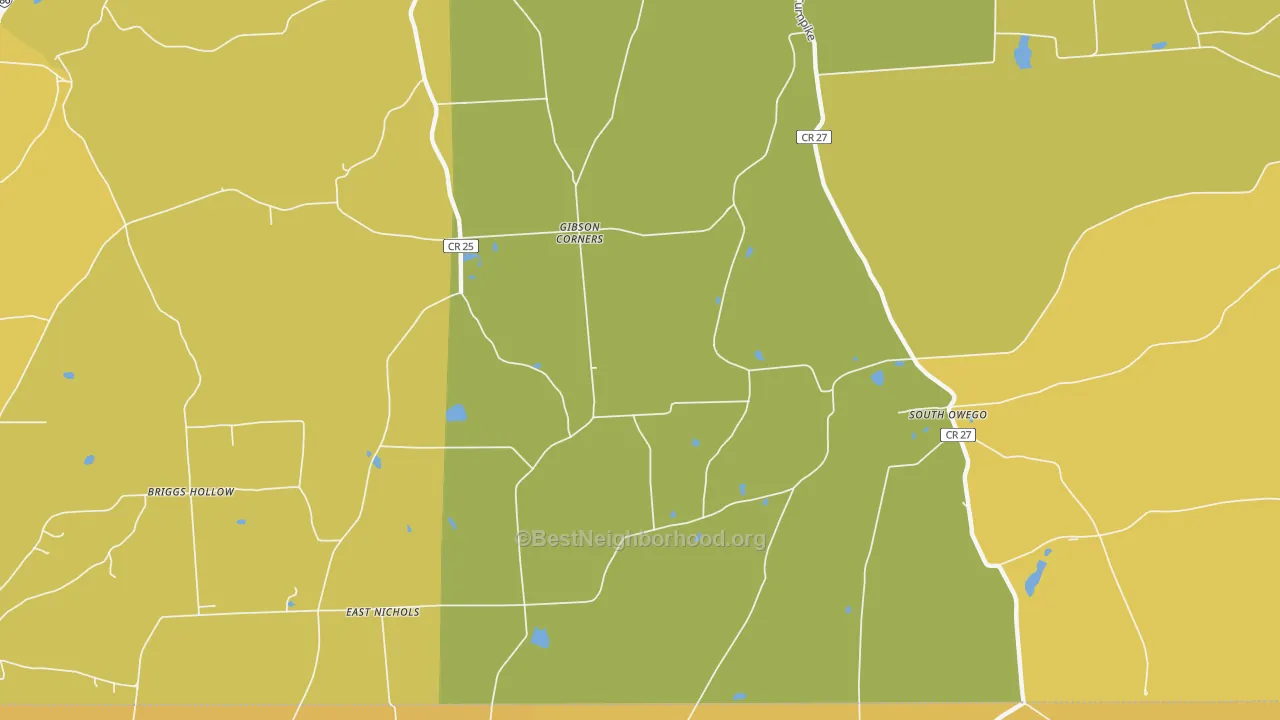 Map of the best neighborhoods in the South Owego area, with better matches in green and worse matches in red