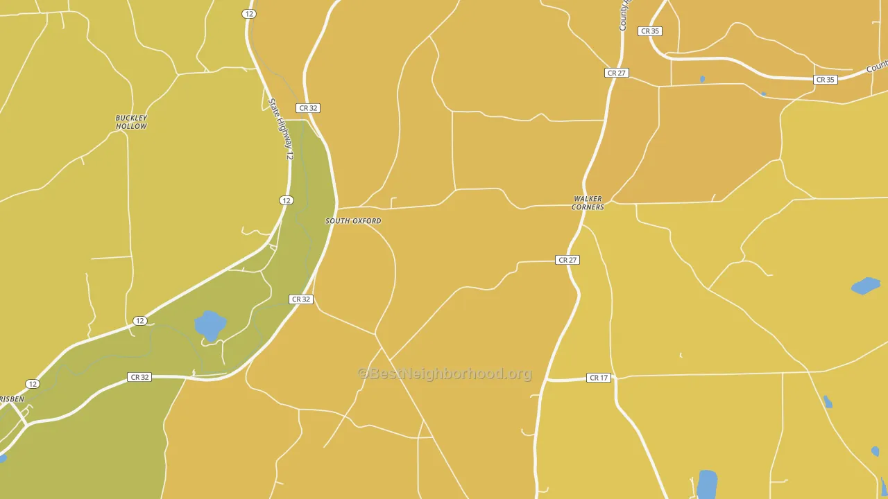 Map of the best neighborhoods in the South Oxford area, with better matches in green and worse matches in red