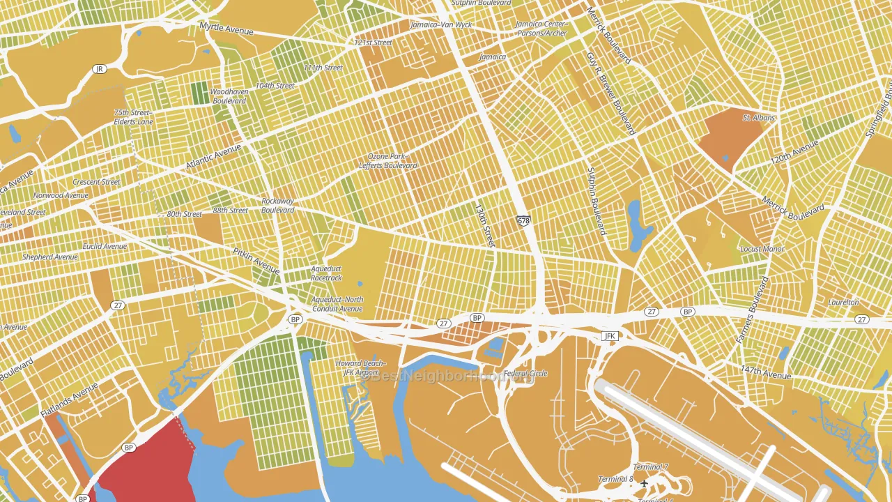 Map of the best neighborhoods in the South Ozone Park, Queens area, with better matches in green and worse matches in red