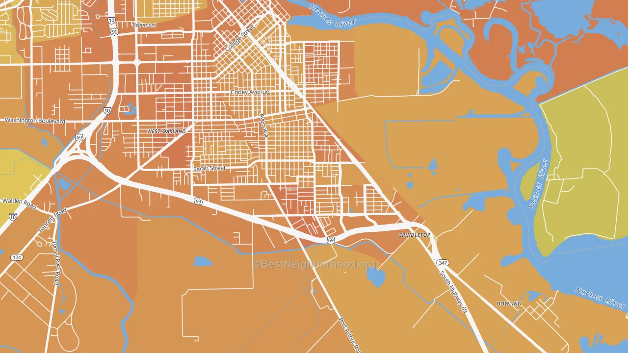 Map of the best neighborhoods in the South Park, Beaumont area, with better matches in green and worse matches in red
