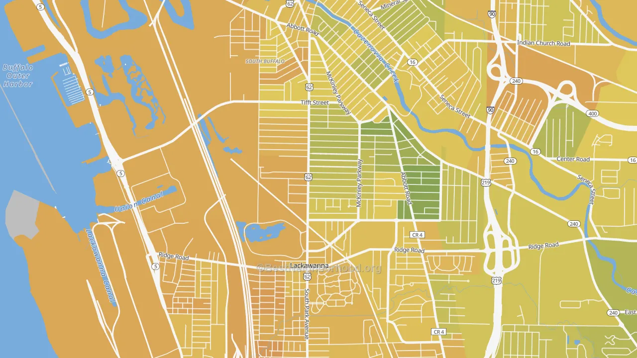 Map of the best neighborhoods in the South Park, Buffalo area, with better matches in green and worse matches in red