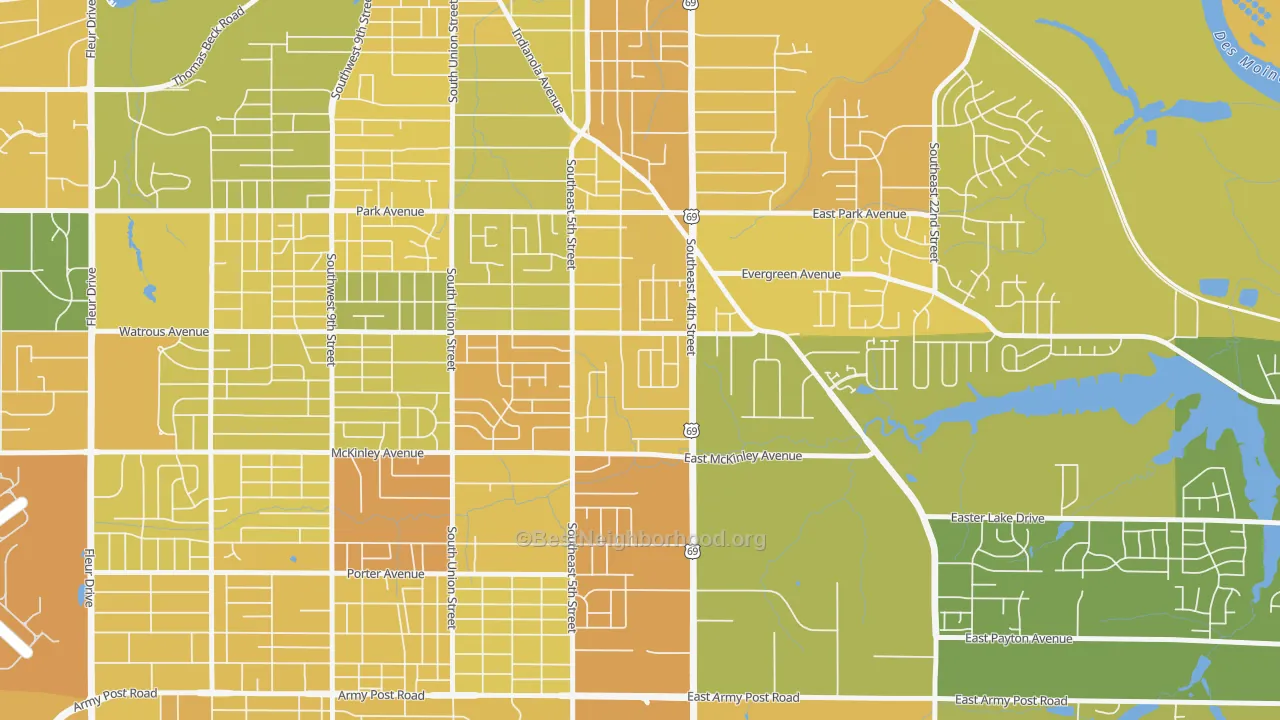 Map of the best neighborhoods in the South Park, Des Moines area, with better matches in green and worse matches in red