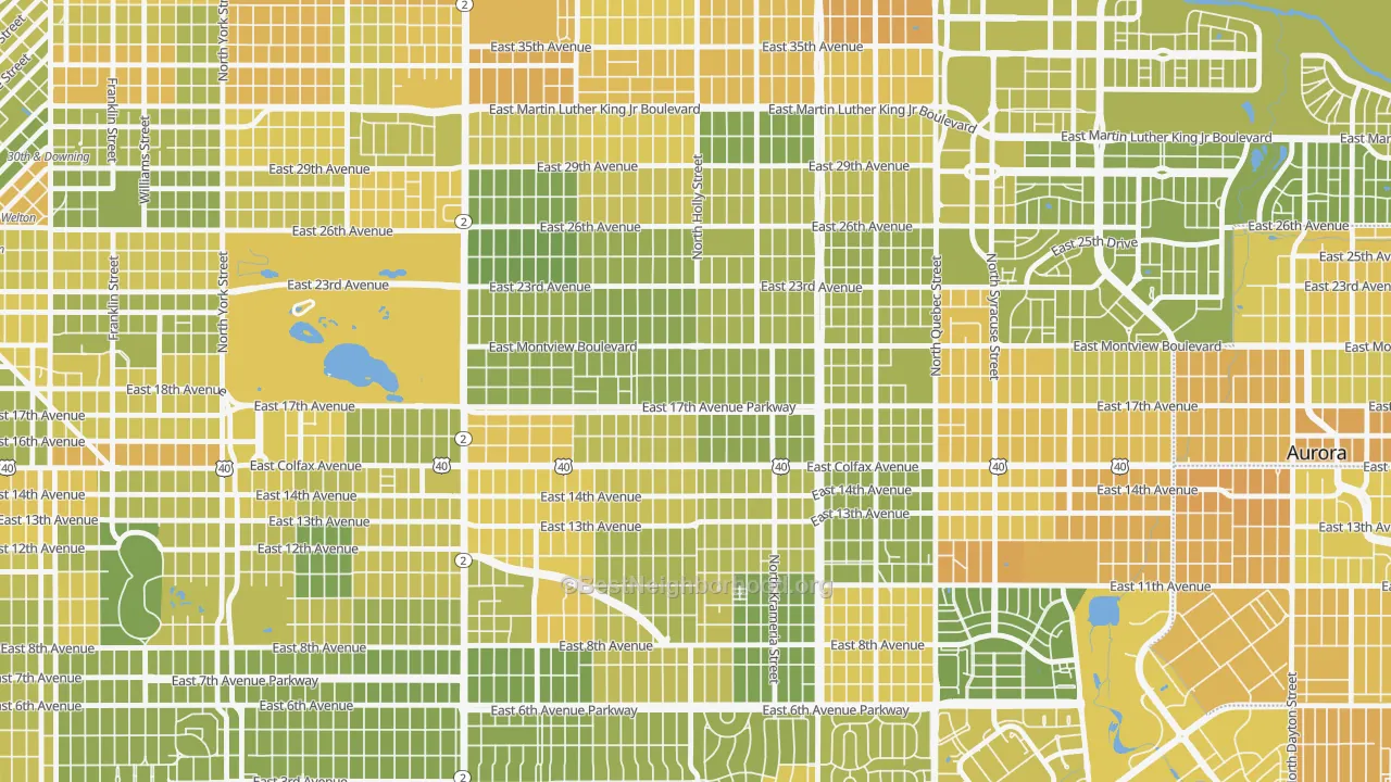 Map of the best neighborhoods in the South Park Hill, Denver area, with better matches in green and worse matches in red