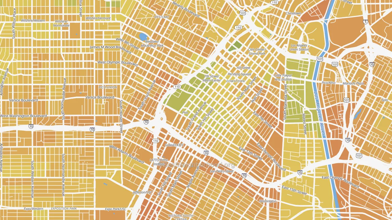 Map of the best neighborhoods in the South Park, Los Angeles area, with better matches in green and worse matches in red