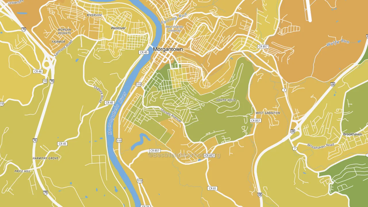 Map of the best neighborhoods in the South Park, Morgantown area, with better matches in green and worse matches in red