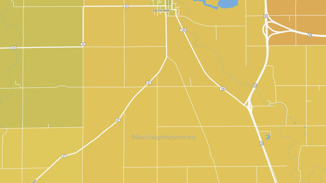 Map of the best neighborhoods in the South Park area, with better matches in green and worse matches in red