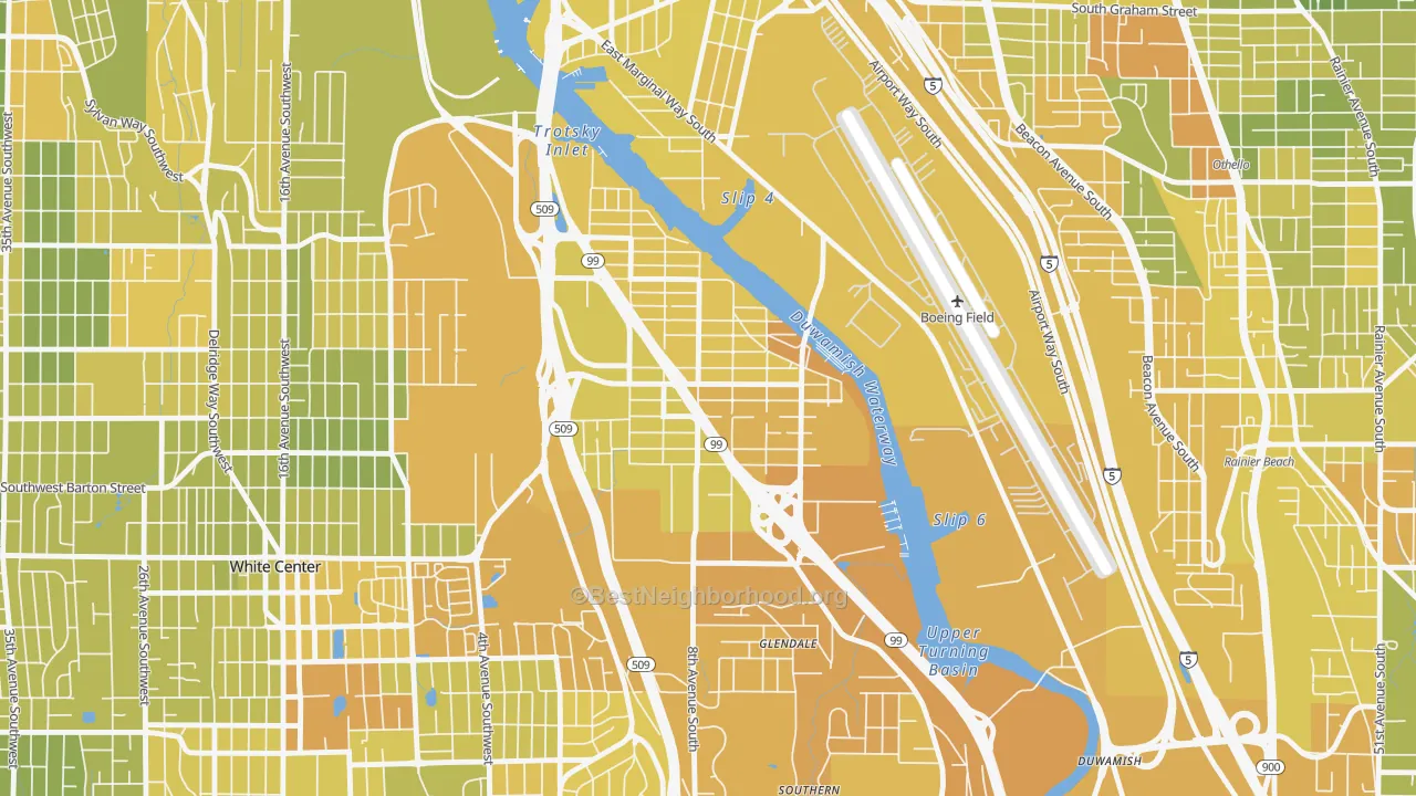 Map of the best neighborhoods in the South Park, Seattle area, with better matches in green and worse matches in red