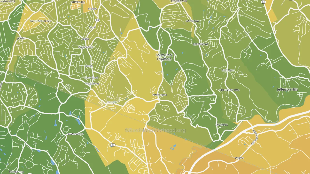 Map of the best neighborhoods in the South Park Township area, with better matches in green and worse matches in red
