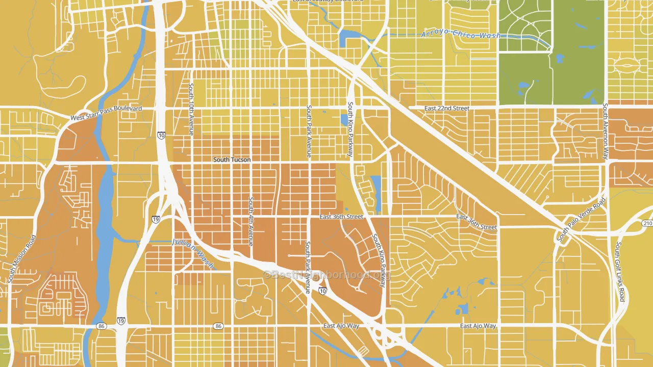 Map of the best neighborhoods in the South Park, Tucson area, with better matches in green and worse matches in red