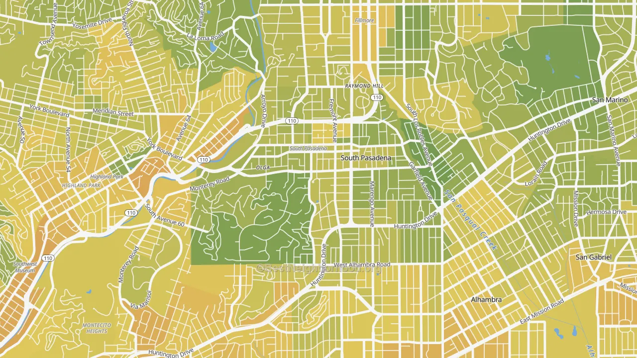 Map of the best neighborhoods in the South Pasadena area, with better matches in green and worse matches in red